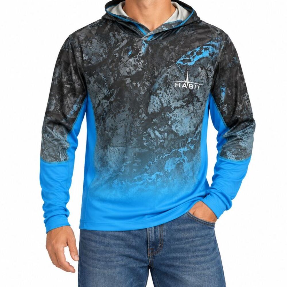 Habit Men’s Blue Gray Camo Hooded Fishing Shirt Solar Factor 40+ | XL
